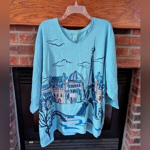 Blue Paris Skyline Top Women's Plus Size 4X